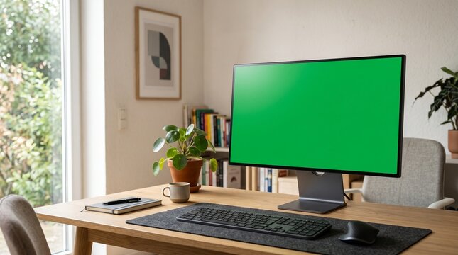 Desktop monitor with green screen. Blank computer display for mockup on office desk.