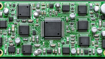 Fototapeta premium Close-up of a complex green printed circuit board with intricate electronic components and microchips