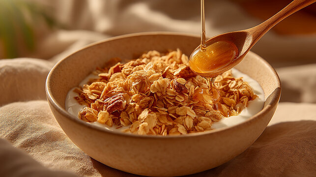 Pouring golden honey into a bowl of chocolate granola with yogurt chocolate breakfast