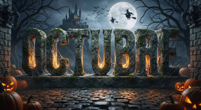 Texto del mes de Octubre en estilo de piedra de Halloween