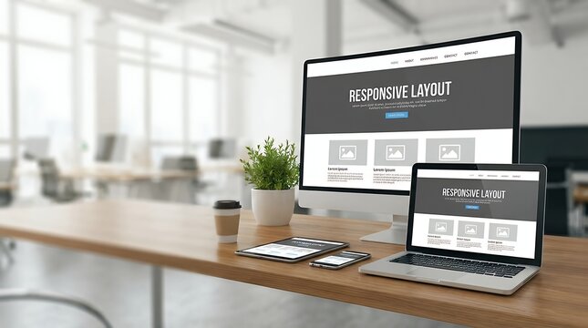 Multi-Device Display Showing Responsive Website Layout on Modern Office Workspace responsive web design website page studio layout interface user experience ux ui cross-device multi-device