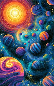 Abstract Space Scene With Vibrant Planets And Glowing Stars In A Painterly Digital Pixel Art Style