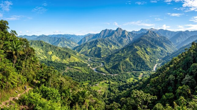 A panoramic view of lush green mountain ranges and deep valleys under a bright blue sky in sri lanka
