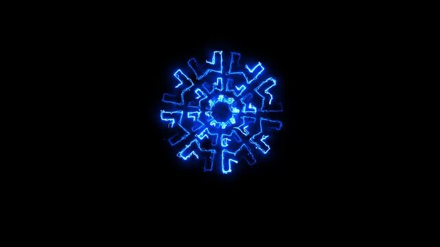 Glowing blue neon viking vegvisir symbol on black background