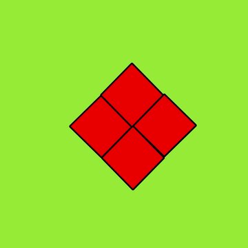 Four red squares forming a diamond shape rotating on green background square rotation geometric abstract minimalist square rotation geometric abstract minimalist