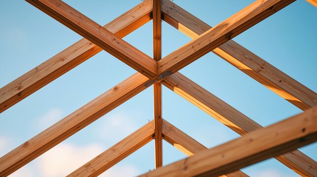 Abstract view of wooden roof beams and trusses against a clear blue sky
