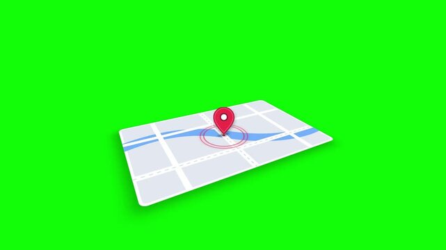 3D Animated Map Pin Pinpoint Location Marker on Paper Map with Pulsing Radar Effect, Green Screen Chroma Key and Black Background