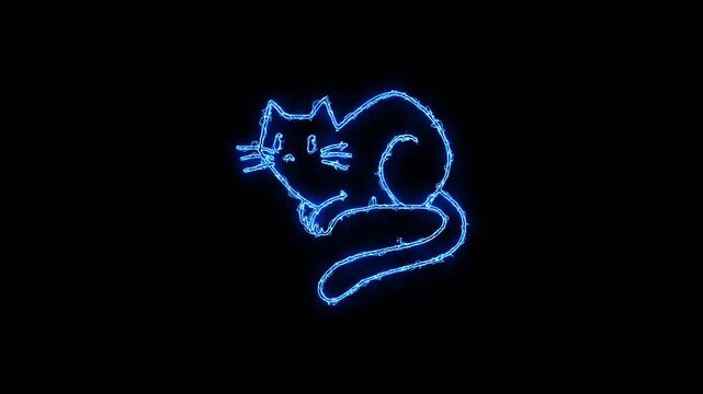 Blue neon glowing cat silhouette on black background