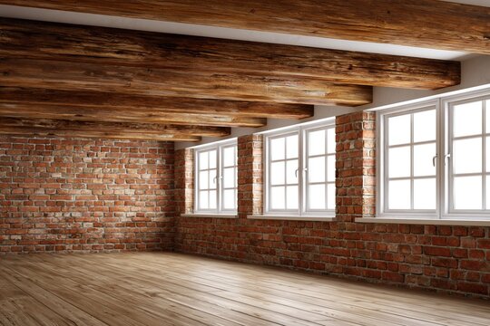 Empty loft space with exposed wooden beams, brick walls, and wooden floor, natural light from windows
