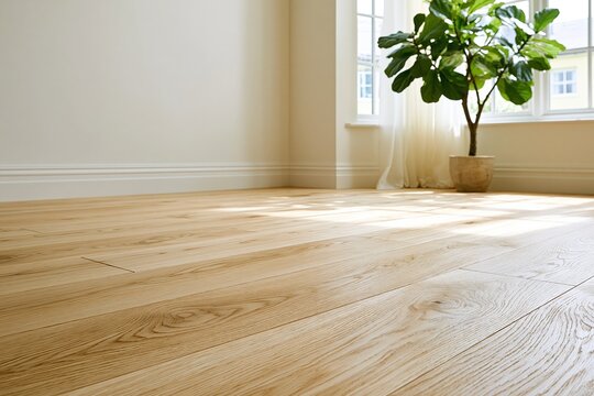 Sunlit natural oak wood flooring in a bright, empty room with a potted plant by the window