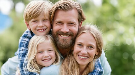 Fototapeta premium Happy family with two young children enjoying outdoor portrait with smiles and laughter