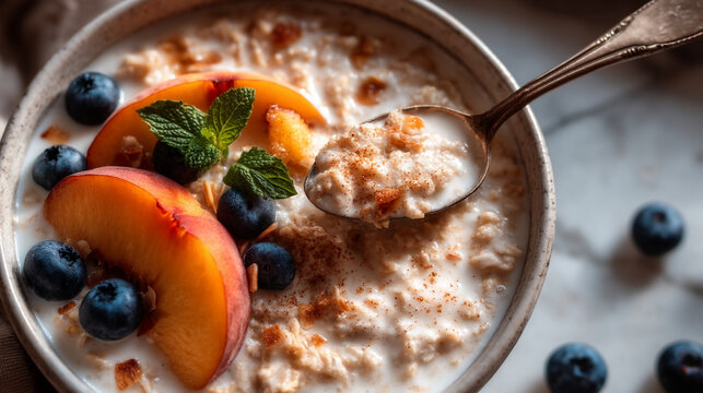 Bowl of healthy oatmeal with fresh peaches blueberries and mint served with a spoon, porridge