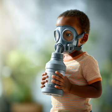 Young child wearing protective gas mask while holding a grey canister with protection