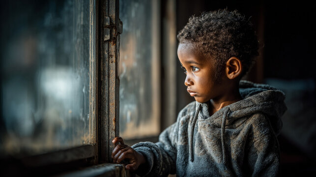 Young boy looking through a dusty window in a dark room with thoughtful portrait childhood