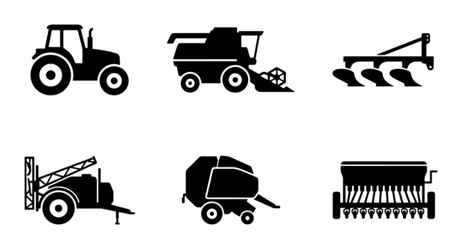 Agricultural Farm Equipment Icons Set: Tractor, Combine Harvester, Plow, Seeder, Baler, Sprayer