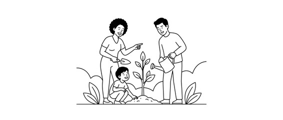 Obraz premium Family Planting a Young Tree Together Line Art Illustration