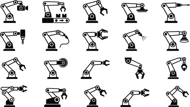 Industrial robotic arm icon set featuring automated manufacturing manipulators assembly line welding and mechanical grippers vector