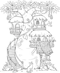 Naklejka premium Bohemian style treehouse village with two houses, hanging decorations, spiral staircase, cat and birds, natural setting.