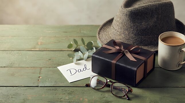Celebrating Father's Day with a stylish vertical gift box glasses hat and coffee on a festive green table representing appreciation and love with elegance and classic aesthetics Father's Day dad