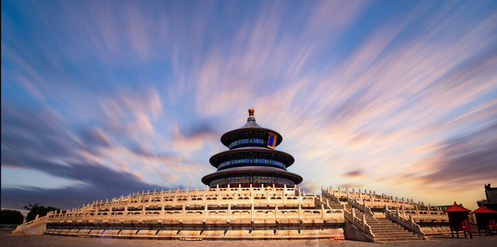 The temple of  heaven in Beijing, China, The text is translated as "QiNianDian"，The Temple of  heaven in the evening and the beautiful sunset