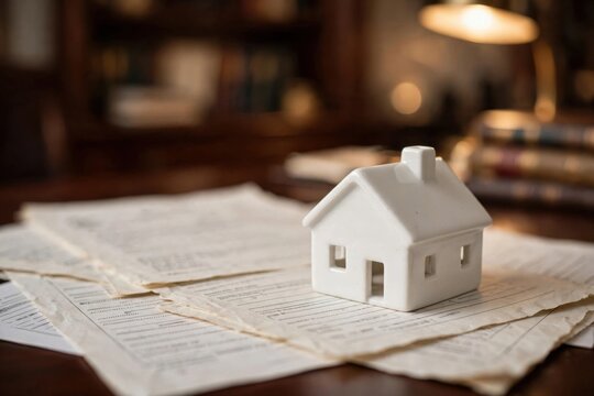 Miniature White House Model on Documents with Desk Lamp.