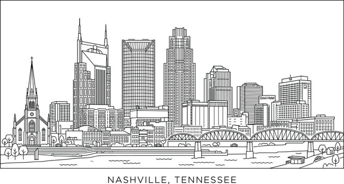 Nashville Tennessee city skyline outline illustration featuring landmark downtown skyscrapers bridge riverfront view and church tower vector
