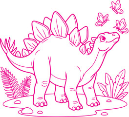 Stegosaurus stands peacefully while butterflies flutter around its head in a charming line art illustration perfect for a children's coloring book project. © Rokibul