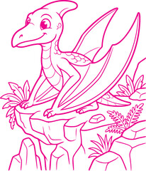 Pterodactyl perches proudly upon a jagged rocky cliff edge while overlooking a prehistoric landscape in this whimsical coloring page illustration. © Rokibul