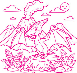 Pterodactyl dinosaur stands on a rock near a smoking volcano in this prehistoric jungle scene that provides ample copy space for creative projects and educational materials for young children. © Rokibul