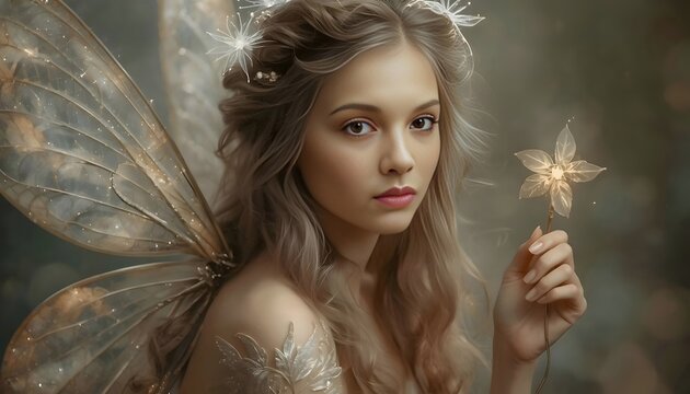 Beautiful fairy woman with transparent wings holding a glowing magic flower in natural light