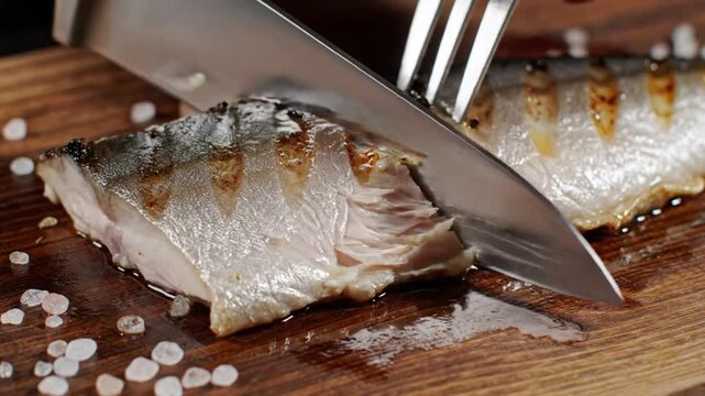 Grilled mackerel fillet being sliced on a wooden board ready for serving with salt