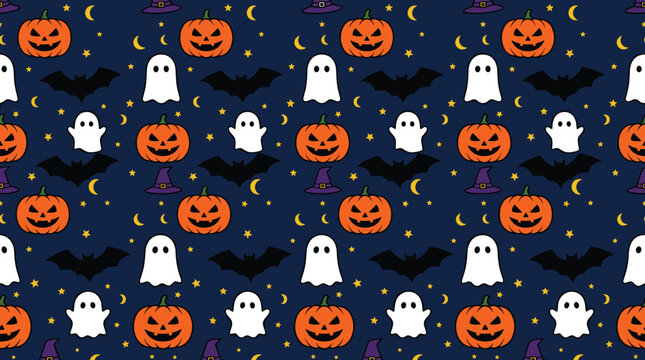 Seamless halloween pattern with pumpkins ghosts and bats design