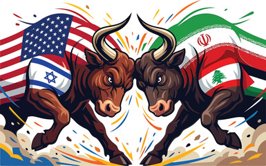 Fototapeta premium Two charging bulls with usa, israel, iran, and lebanon flags confrontation