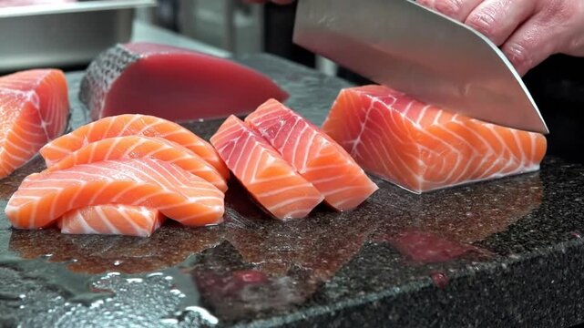 Chef carefully slicing fresh salmon fillet on a granite surface with a large knife for sashimi or sushi preparation