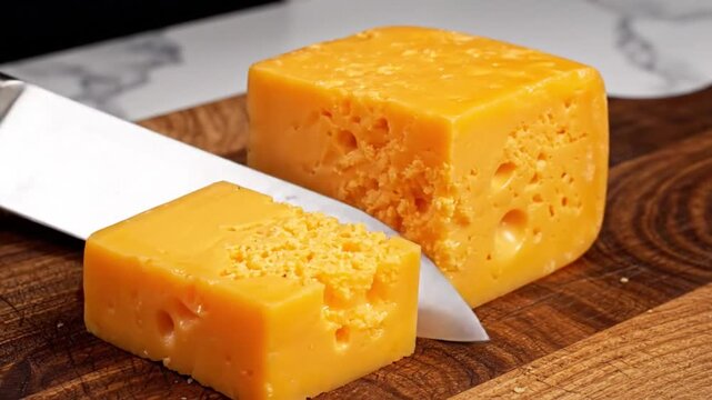 Cutting a block of cheddar cheese with holes into two pieces on a wooden cutting board, close-up view