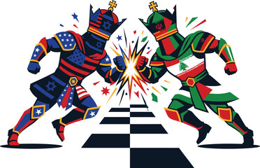 Fototapeta premium Two knights in armor featuring usa and lebanon flags clashing on chessboard