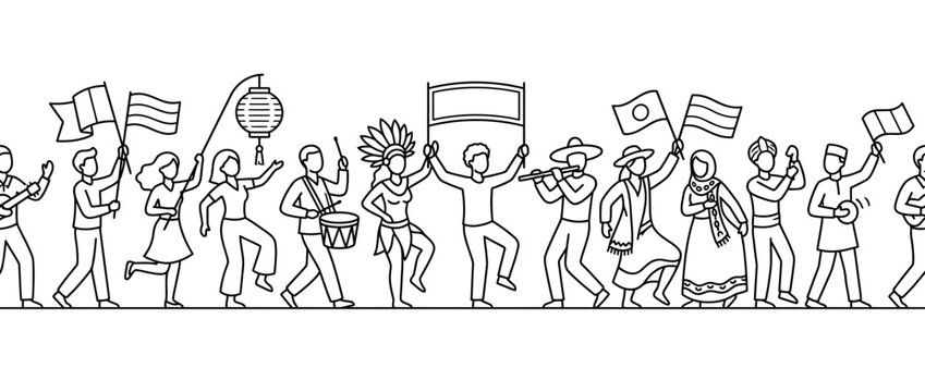 Diverse People Celebrating Cultural Festival Line Art Illustration