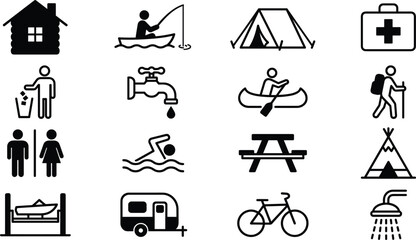 Outdoor camping and recreation icon set featuring tent hiking fishing cabin caravan picnic table and adventure symbols © MSTRAZINA