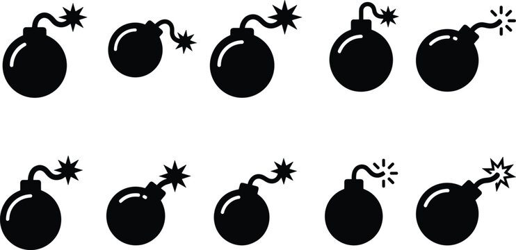 Black bomb icons set with burning fuse, explosive hazard symbols, and detonator vector illustrations.