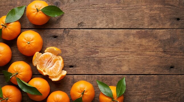 Fresh Organic Mandarins on Rustic Wooden Table: Top View of Vibrant Citrus Fruit Arrangement One Mandarin Peeled Revealing Juicy Segments Predominant Orange and Brown Tones High-Resolution DSLR