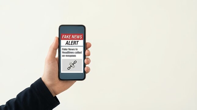 Hand Holding Smartphone Displaying Fake News Alert: Person Reading Misleading Information on Mobile Screen Concept of Media Manipulation Disinformation and Digital Hoaxes social media hand holding a