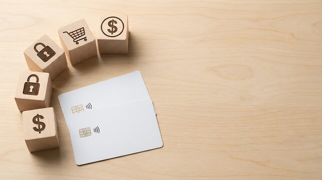 Wooden Cube Blocks with Business Credit Cards for Secure Online Purchases: Conceptual Representation of Digital Payment Methods E-Commerce Transactions and Modern Financial Technology online shopping
