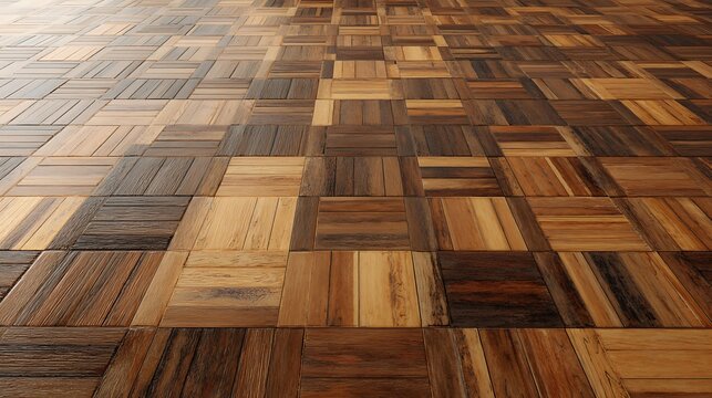 parquet wood floor texture, square geometric arrangement with mixed natural tones, warm brown palette, smooth polished surface, seamless composition, interior material background, product showcase