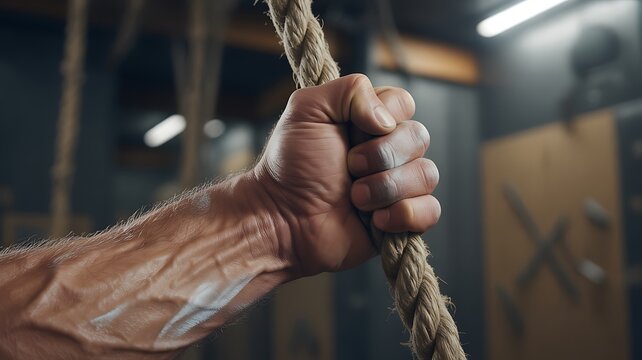 Strong muscular hand tightly gripping a thick gym climbing rope during intense workout