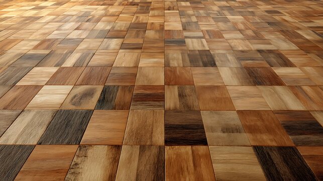 parquet wood floor texture, square geometric arrangement with mixed natural tones, warm brown palette, smooth polished surface, seamless composition, interior material background, product showcase