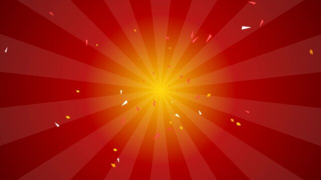 Abstract red and orange sunburst background with floating colorful confetti particles. This retro comic style seamless motion graphic loop is perfect for festive and circus backdrops.