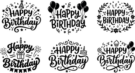 Happy birthday handwritten typography vector set featuring black doodle brush lettering greetings cake balloons gift boxes and confetti celebration elements © MstAduri