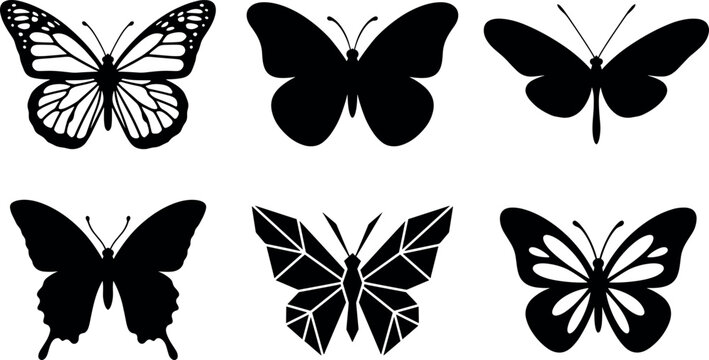 Butterfly stencil icon vector set featuring classic monarch shapes solid black silhouettes geometric polygonal low poly wings and abstract insect design elements