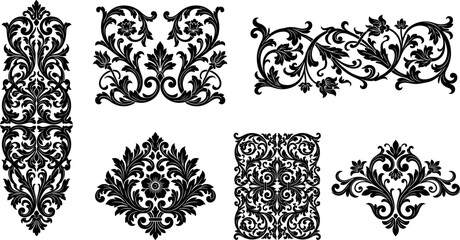 Baroque ornament and damask motif vector set featuring classic vintage filigree scrolls ornate floral borders and elegant rococo decorative pattern elements © MstAduri