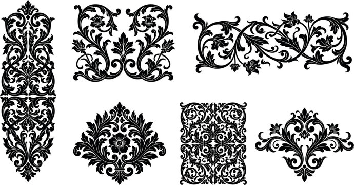 Baroque ornament and damask motif vector set featuring classic vintage filigree scrolls ornate floral borders and elegant rococo decorative pattern elements
